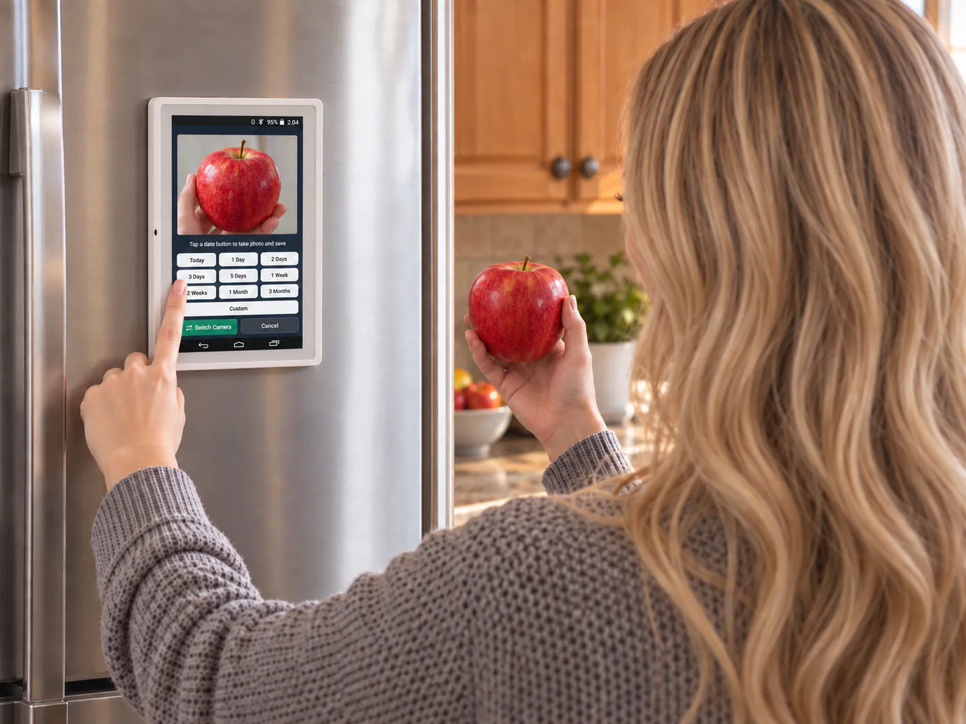 Using the front camera to record an apple while the Yorastin reminder remains mounted on the refrigerator