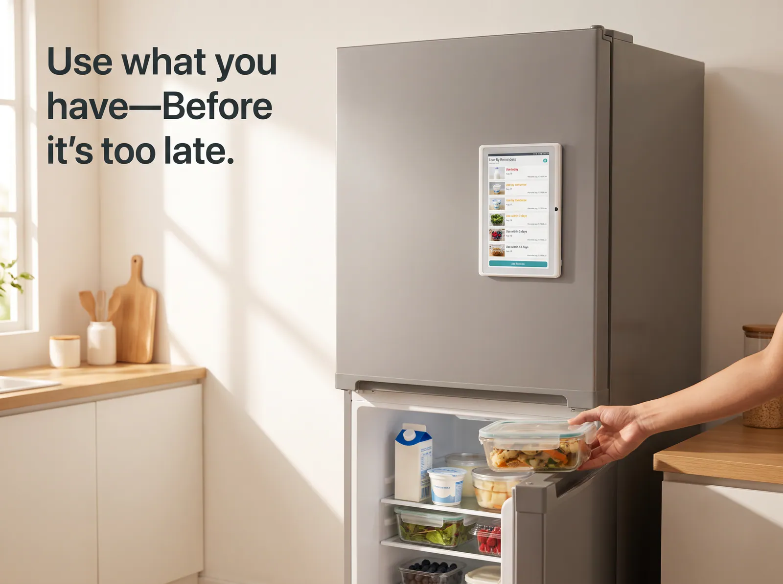 Yorastin Use-By Reminder mounted on a refrigerator in a warm kitchen