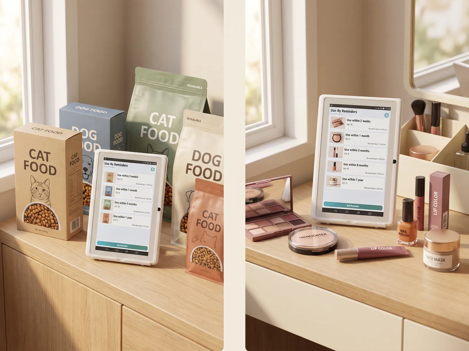 Everyday items that can be tracked with a user-chosen reminder date