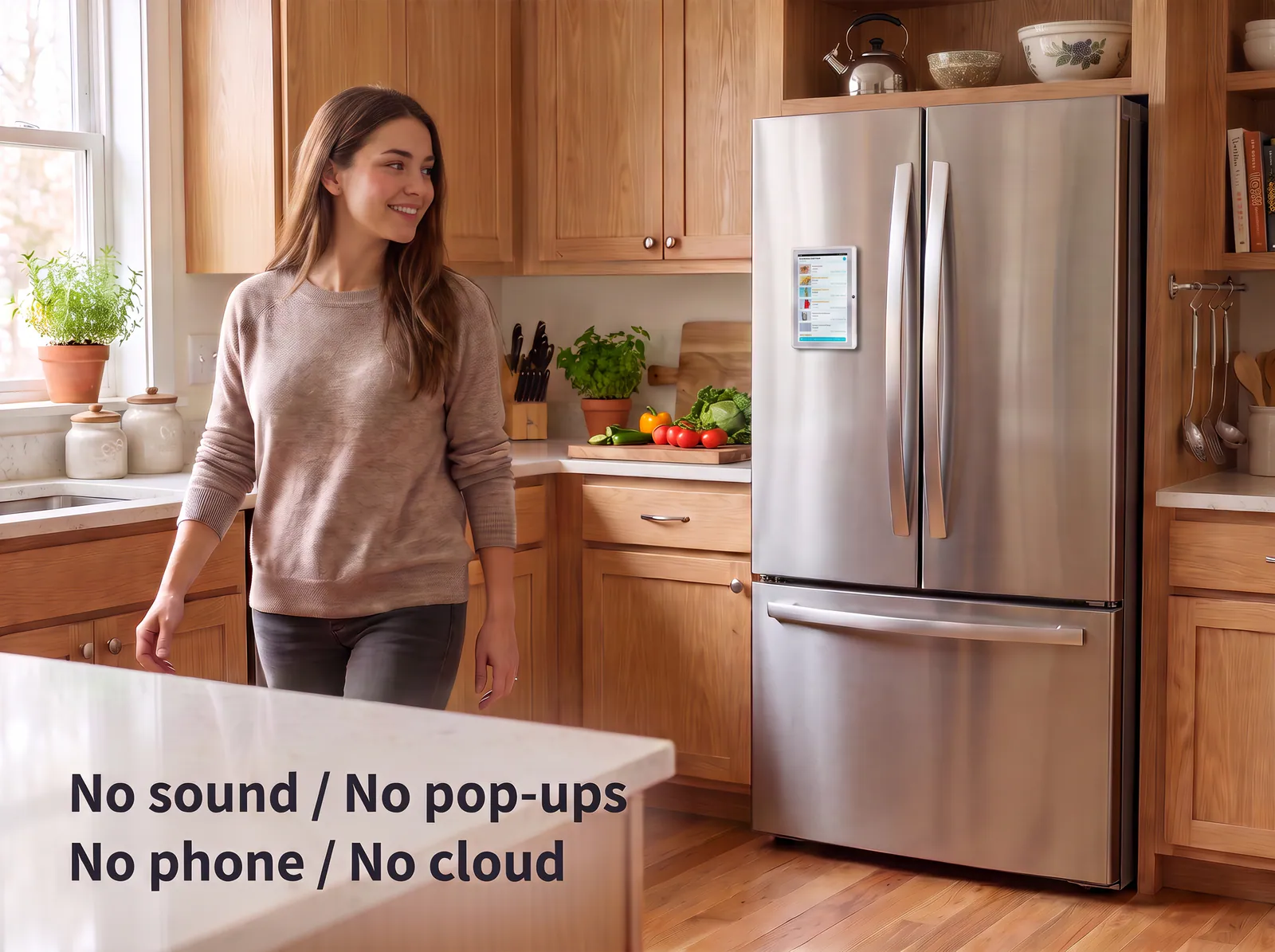 Yorastin reminder display staying visible on a refrigerator without phone or cloud notifications