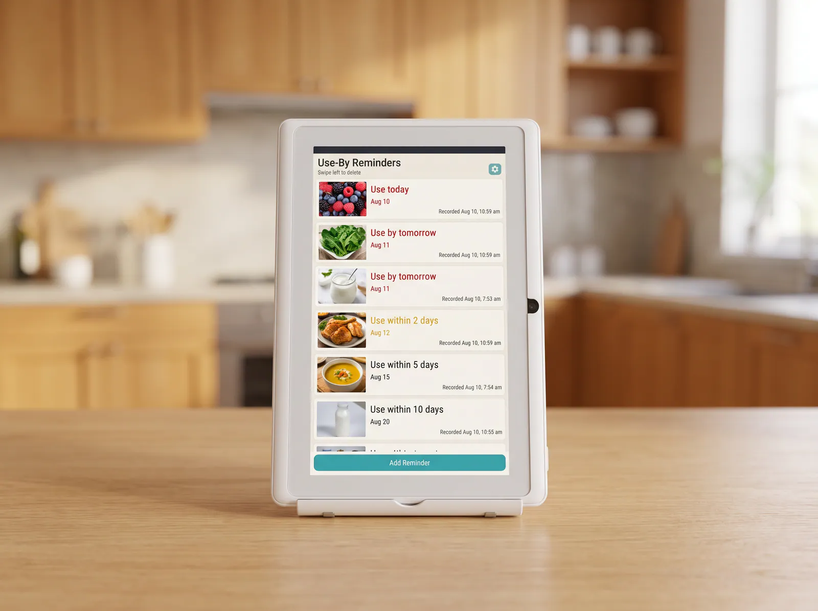 A person choosing a date for a food reminder on the Yorastin device